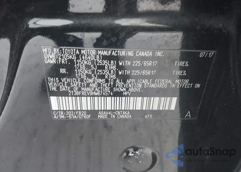 2017 Toyota Rav4 Le из США, поврежденный, VIN 2T3BFREV9HW674574